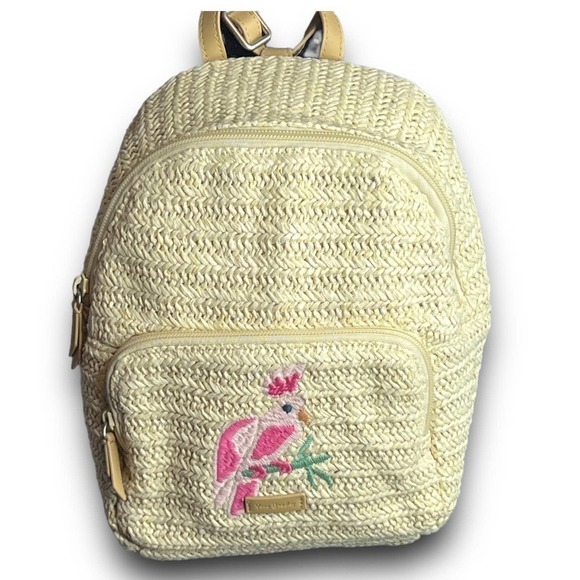 Vera Bradley Straw Mini Convertible Backpack Light Natural Straw Tan Pink Green - Picture 2 of 13
